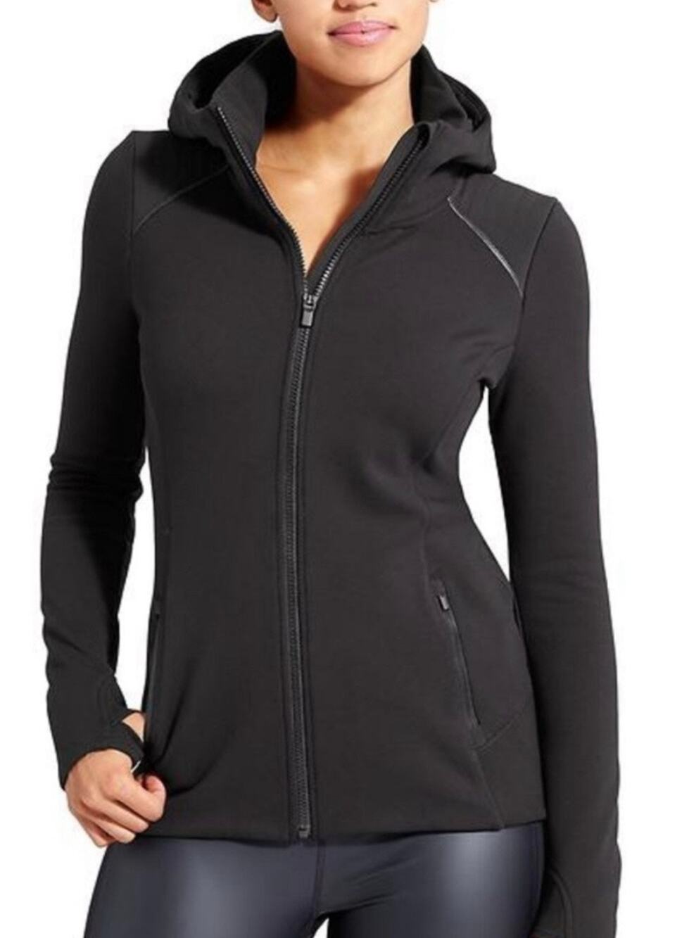 Athleta Stronger Fleece Hoodie Jacket Black Full Zip High Neck Scuba Size S